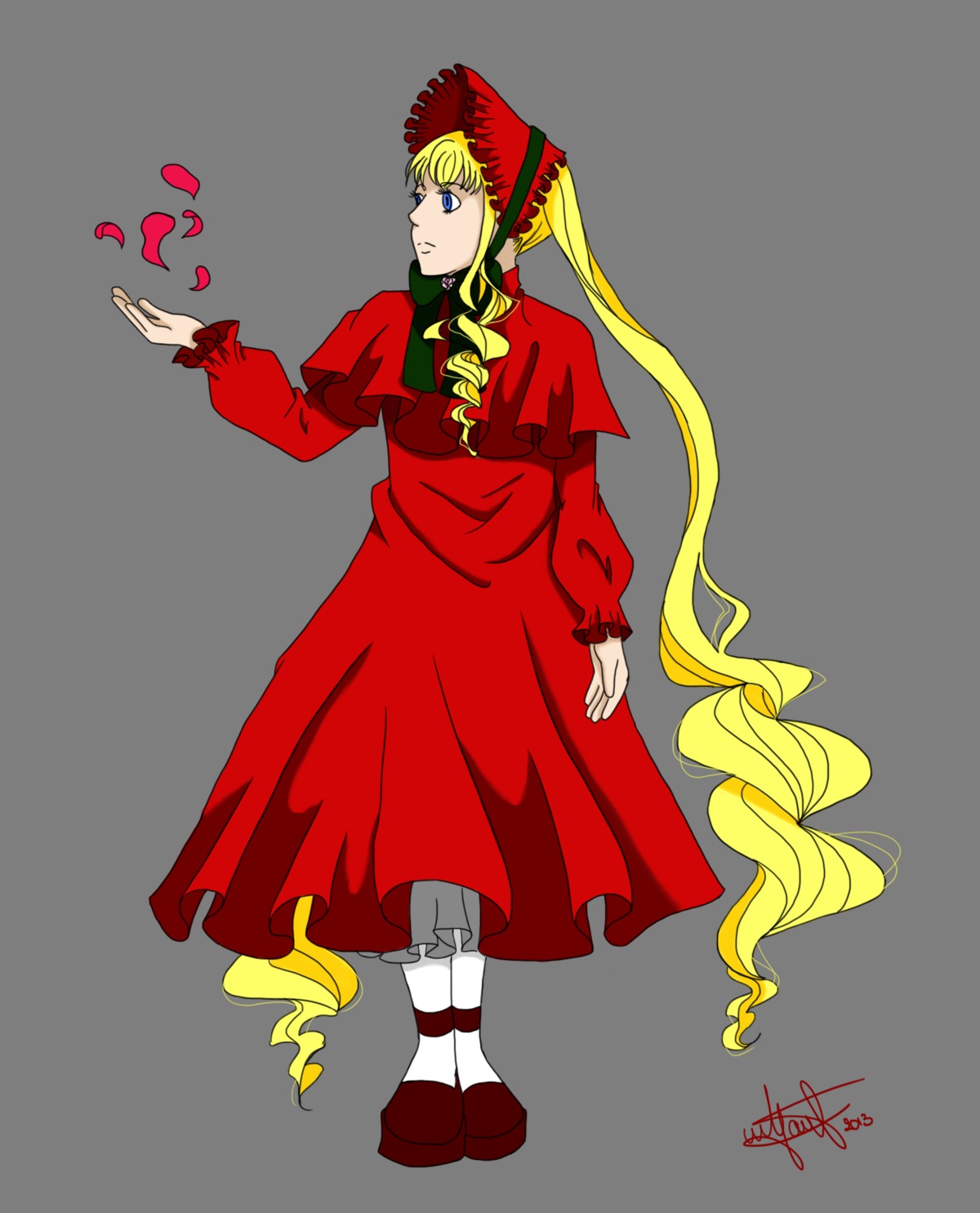 1girl blonde_hair blue_eyes bonnet bow dress full_body hat image long_hair long_sleeves red_dress shinku shoes solo twintails very_long_hair