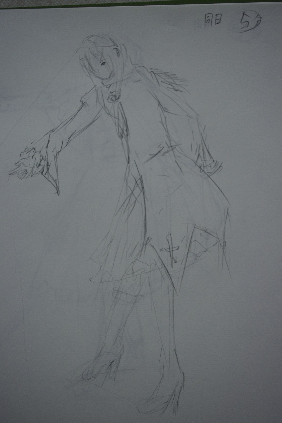 1girl greyscale image monochrome outstretched_arm sketch solo standing suiseiseki traditional_media