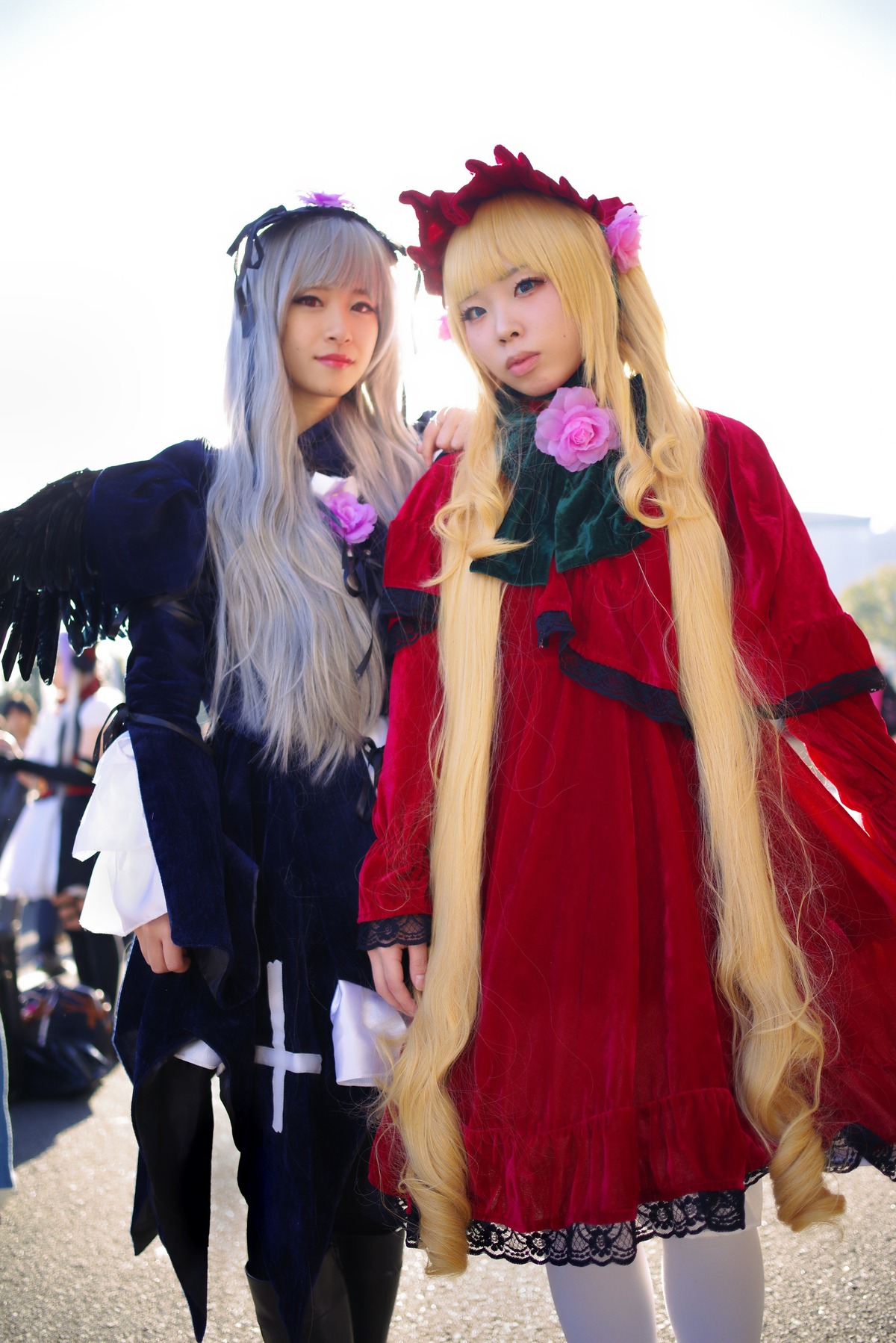 2girls blonde_hair blue_eyes dress flower frills lips long_hair long_sleeves looking_at_viewer multiple_cosplay multiple_girls pantyhose realistic red_dress rose shinku silver_hair suigintou tagme wings