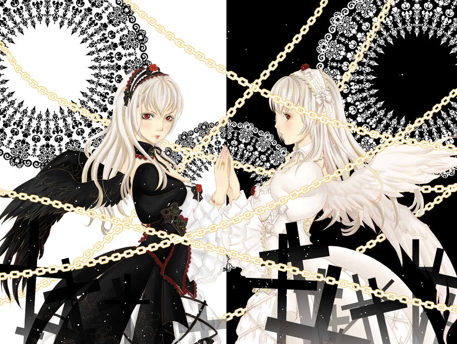 2girls angel_wings black_wings chain chained dress feathered_wings feathers image long_hair multiple_girls red_eyes solo suigintou white_hair wings
