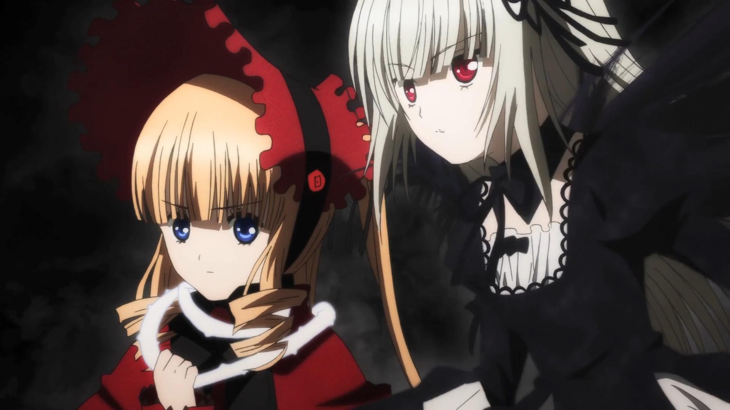 2girls blonde_hair blue_eyes bow dress drill_hair flower image long_hair long_sleeves multiple_girls pair red_eyes ribbon shinku silver_hair suigintou twintails umbrella