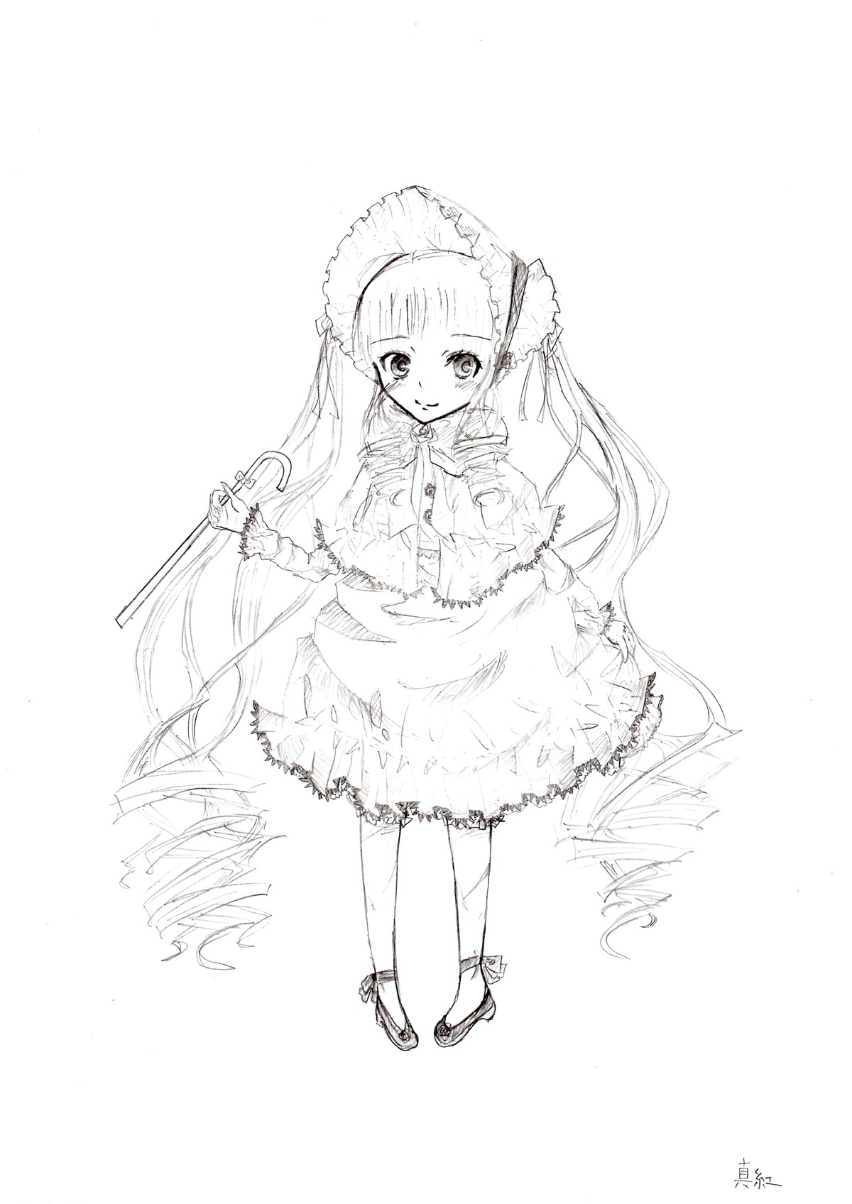 1girl bangs blush dress frills full_body holding image lolita_fashion long_hair long_sleeves looking_at_viewer monochrome shinku smile solo standing striped twintails very_long_hair