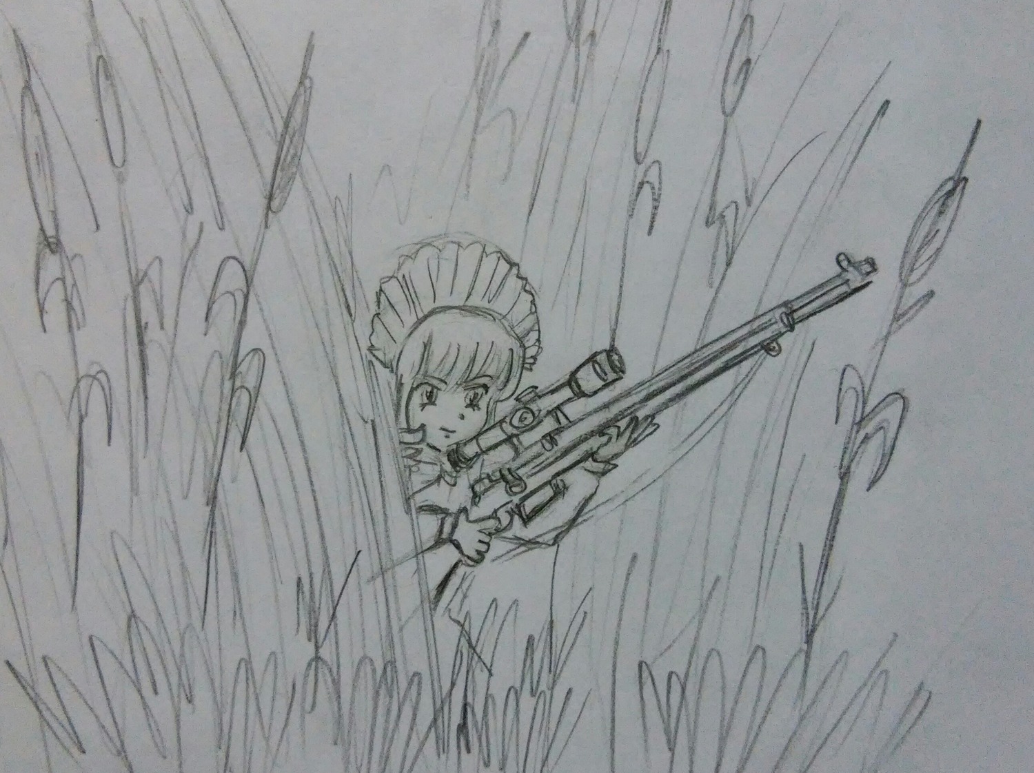 1girl gun holding image long_sleeves monochrome rifle shinku solo traditional_media weapon