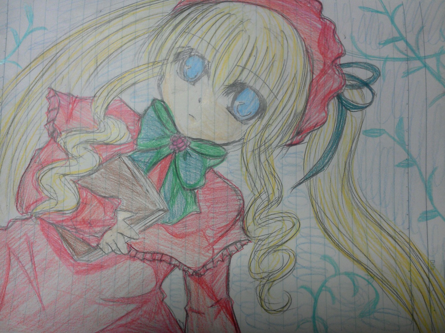 1girl blonde_hair blue_eyes book bow bowtie capelet dress green_bow image long_hair long_sleeves looking_at_viewer marker_(medium) shinku solo traditional_media twintails
