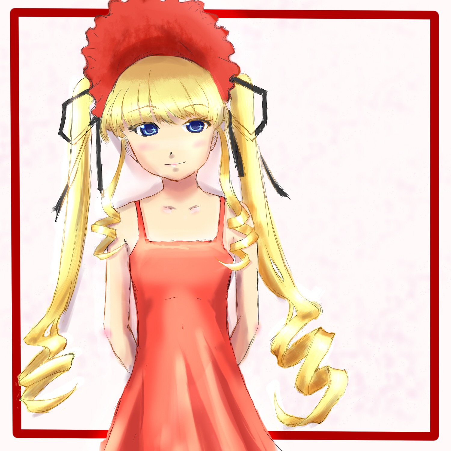 1girl bangs bare_shoulders blonde_hair blue_eyes blush bonnet border collarbone dress drill_hair image long_hair looking_at_viewer red_dress ringlets shinku smile solo striped striped_background twin_drills twintails very_long_hair