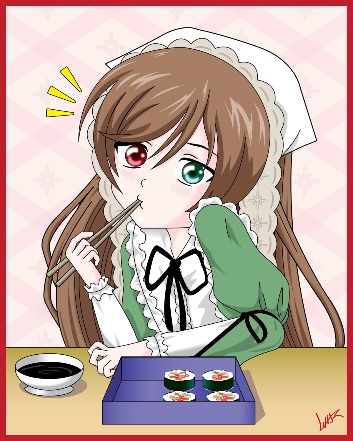 1girl blush border brown_hair dress eating food frills green_eyes heterochromia image long_hair red_eyes ribbon solo suiseiseki