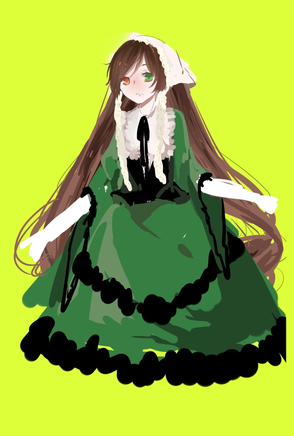 1girl brown_hair dress frills green_background green_dress green_eyes heterochromia image long_hair long_sleeves looking_at_viewer red_eyes simple_background solo suiseiseki very_long_hair yellow_background