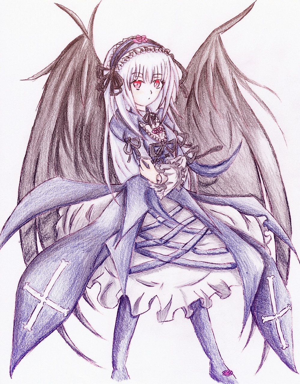 1girl black_wings closed_mouth dress flower frilled_sleeves frills hairband image long_hair long_sleeves looking_at_viewer red_eyes ribbon rose solo suigintou traditional_media very_long_hair wings