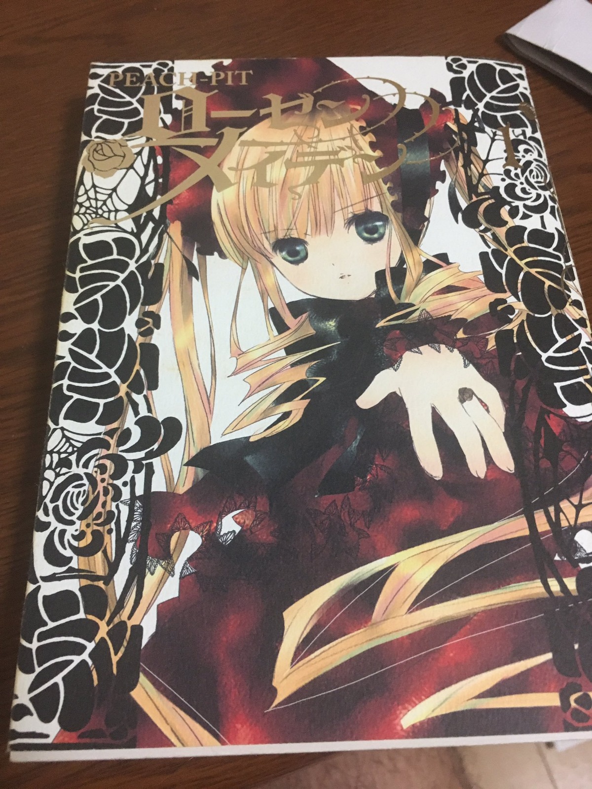 1girl blonde_hair bonnet dress drill_hair image long_hair long_sleeves looking_at_viewer photo rose shinku solo traditional_media twin_drills twintails