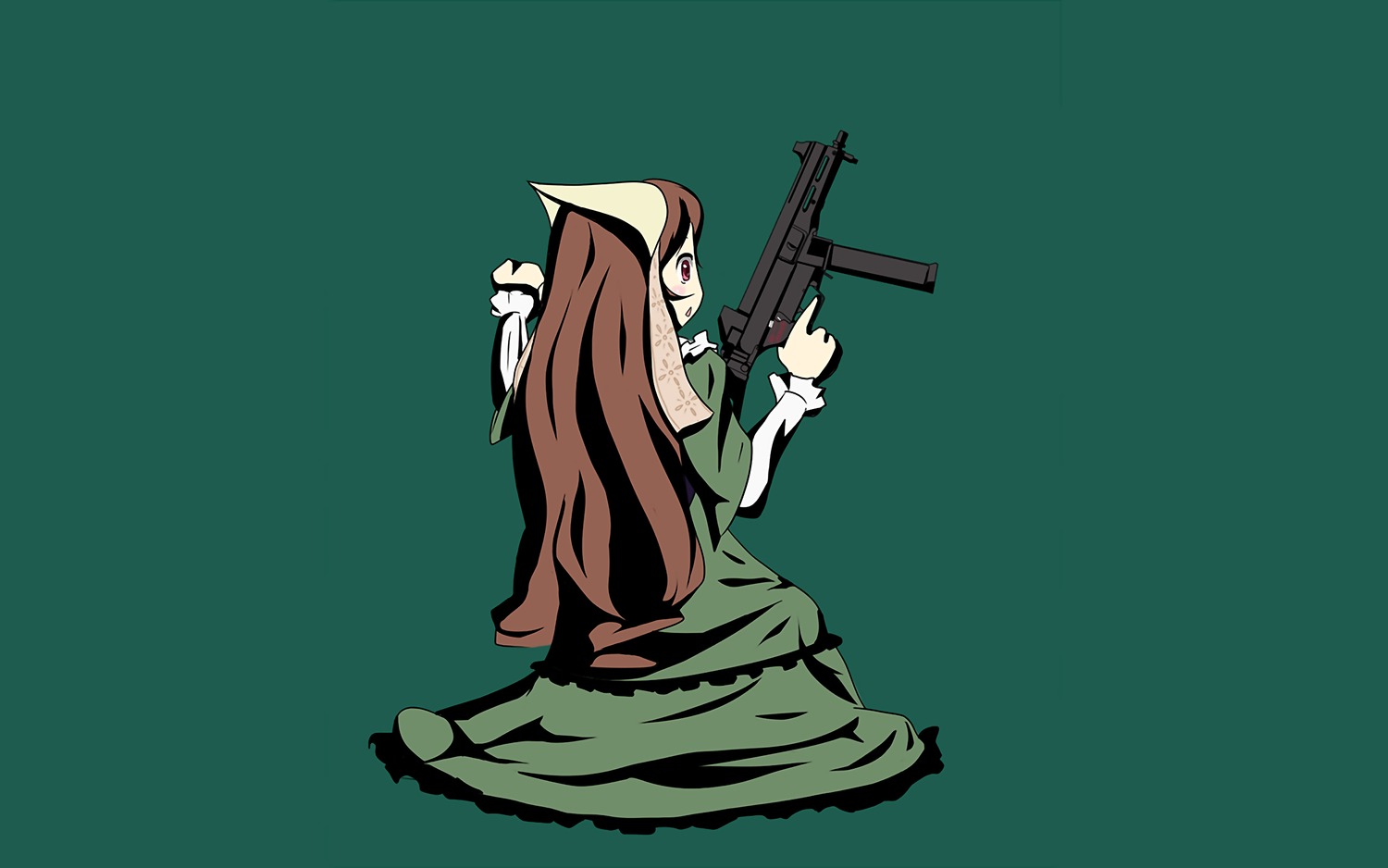 1girl brown_hair dress green_dress gun holding_gun holding_weapon image long_hair long_sleeves solo suiseiseki very_long_hair weapon