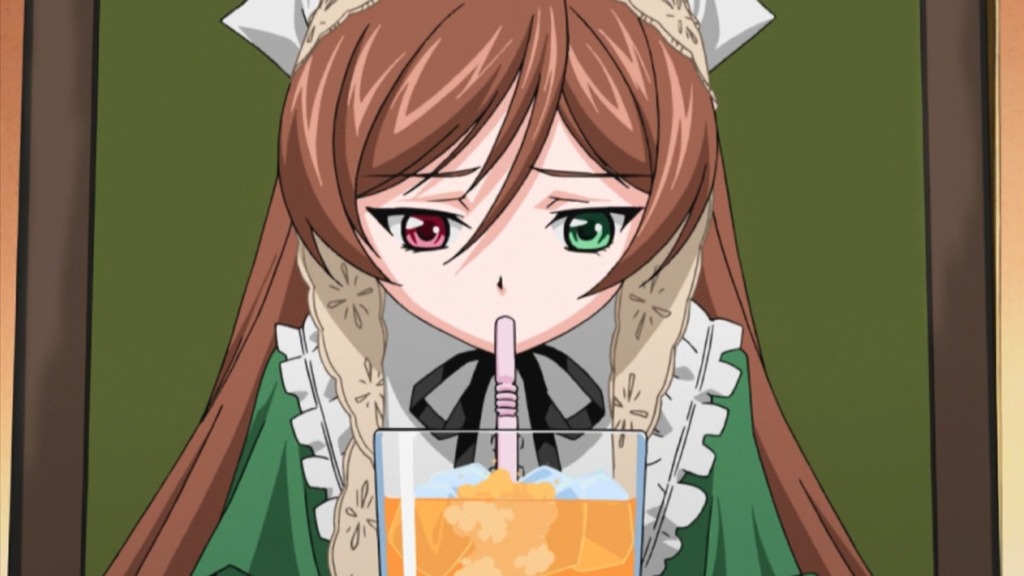 1girl brown_hair cup dress drinking_straw frills green_eyes heterochromia image long_hair red_eyes simple_background solo suiseiseki