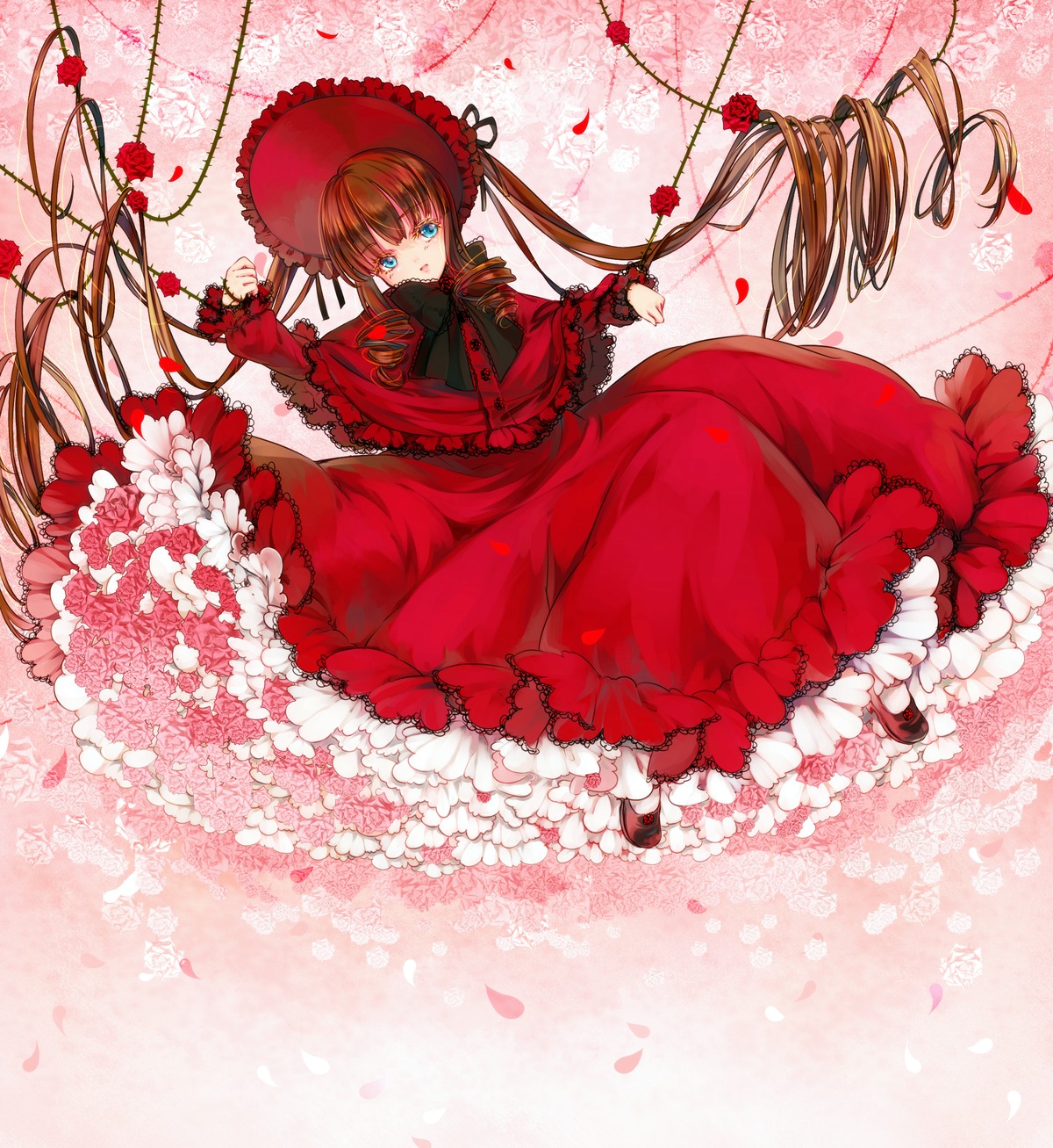 1girl blonde_hair blue_eyes bonnet bow cherry_blossoms dress drill_hair flower frills full_body hat image long_hair long_sleeves petals pink_flower red_dress red_flower rose shinku solo too_many twintails umbrella very_long_hair