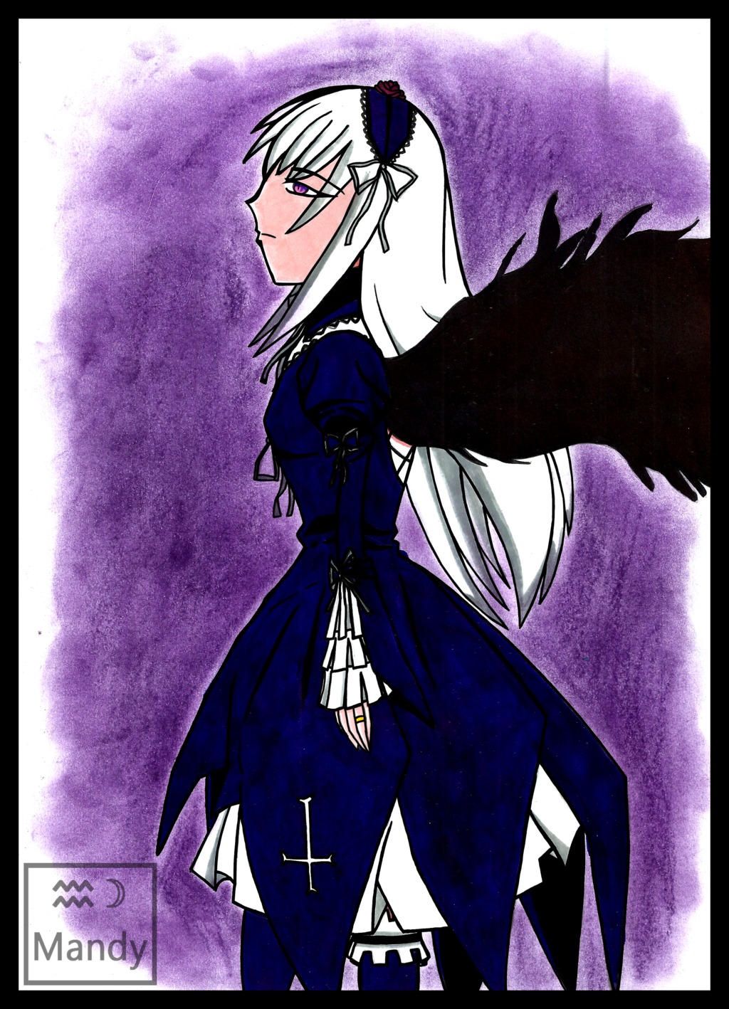 1girl black_border black_wings border dress frills hairband image juliet_sleeves letterboxed long_hair long_sleeves pillarboxed pink_eyes puffy_sleeves solo standing suigintou wings