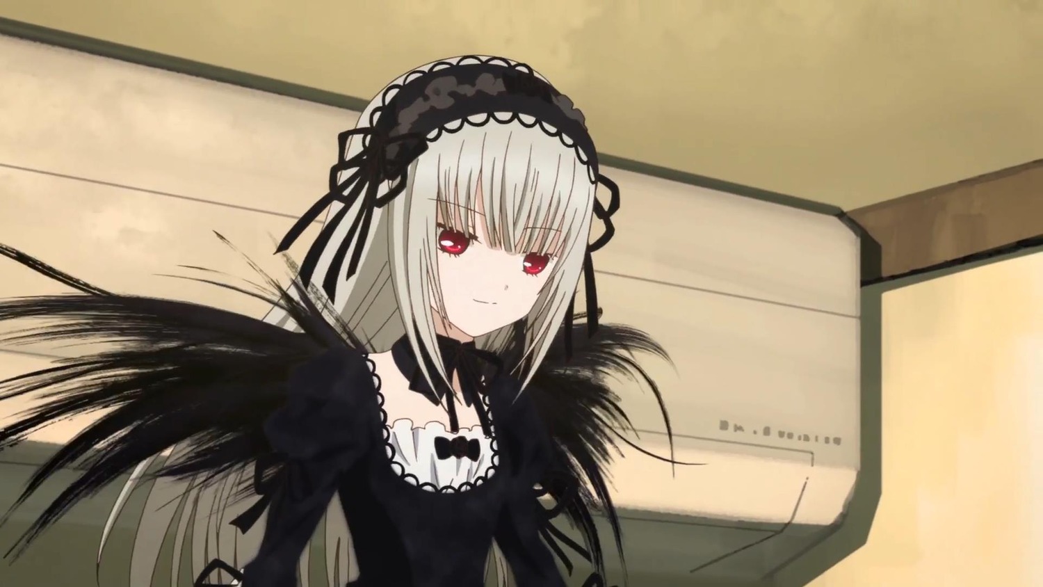 1girl black_dress black_ribbon black_wings closed_mouth dress frills hairband image long_hair long_sleeves looking_at_viewer red_eyes ribbon silver_hair solo suigintou wings