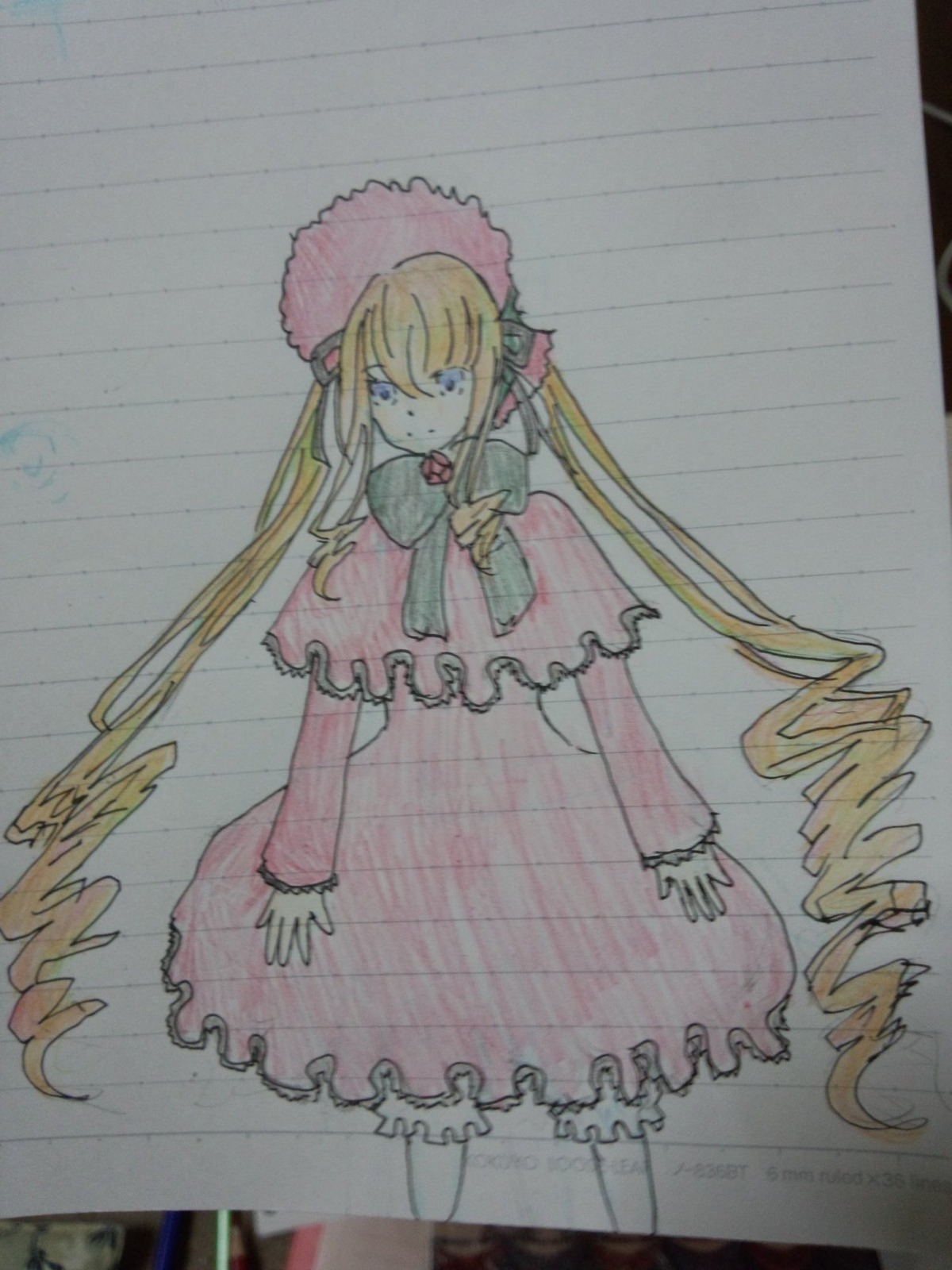 1girl blonde_hair blue_eyes bonnet bow bowtie dress drill_hair image long_hair long_sleeves looking_at_viewer photo shinku solo standing traditional_media twin_drills twintails very_long_hair