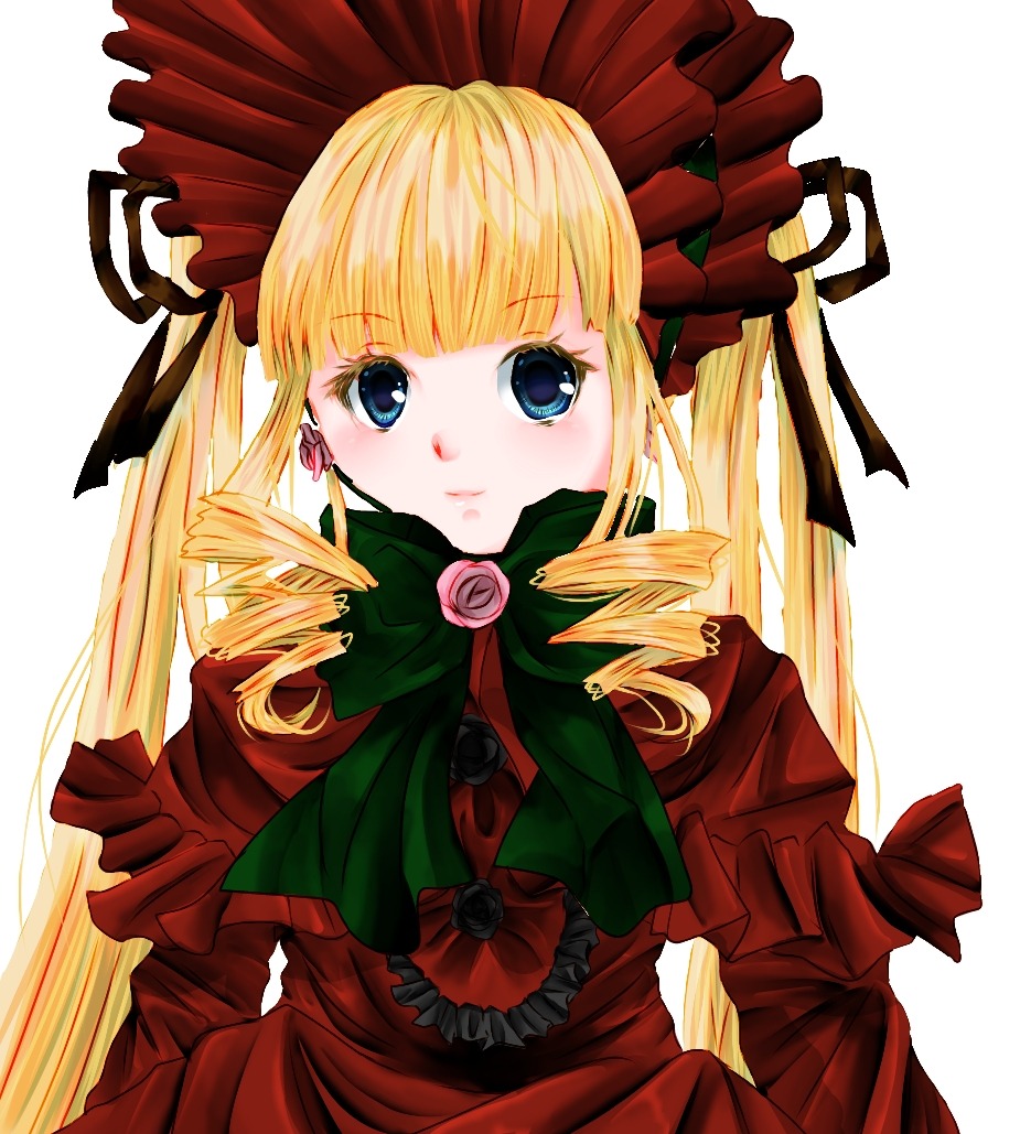 1girl bangs blonde_hair blue_eyes blush bonnet bow bowtie dress drill_hair flower green_bow image long_hair long_sleeves looking_at_viewer red_capelet red_dress rose shinku simple_background solo twin_drills twintails white_background