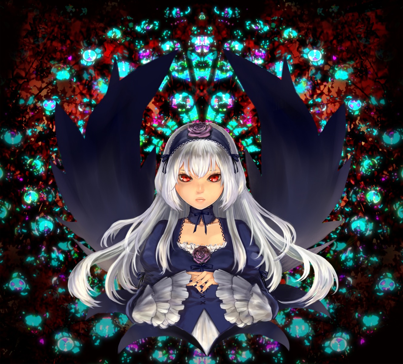 1girl black_wings dress frilled_sleeves frills hairband image long_hair long_sleeves looking_at_viewer red_eyes silver_hair solo stained_glass suigintou wings