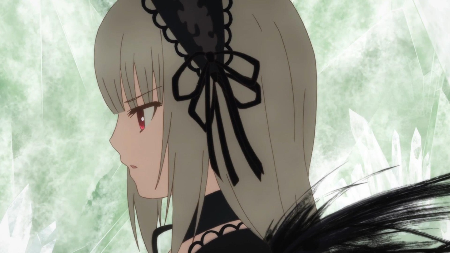 1girl bangs black_ribbon dress eyebrows_visible_through_hair hairband image long_hair parted_lips red_eyes ribbon silver_hair solo suigintou