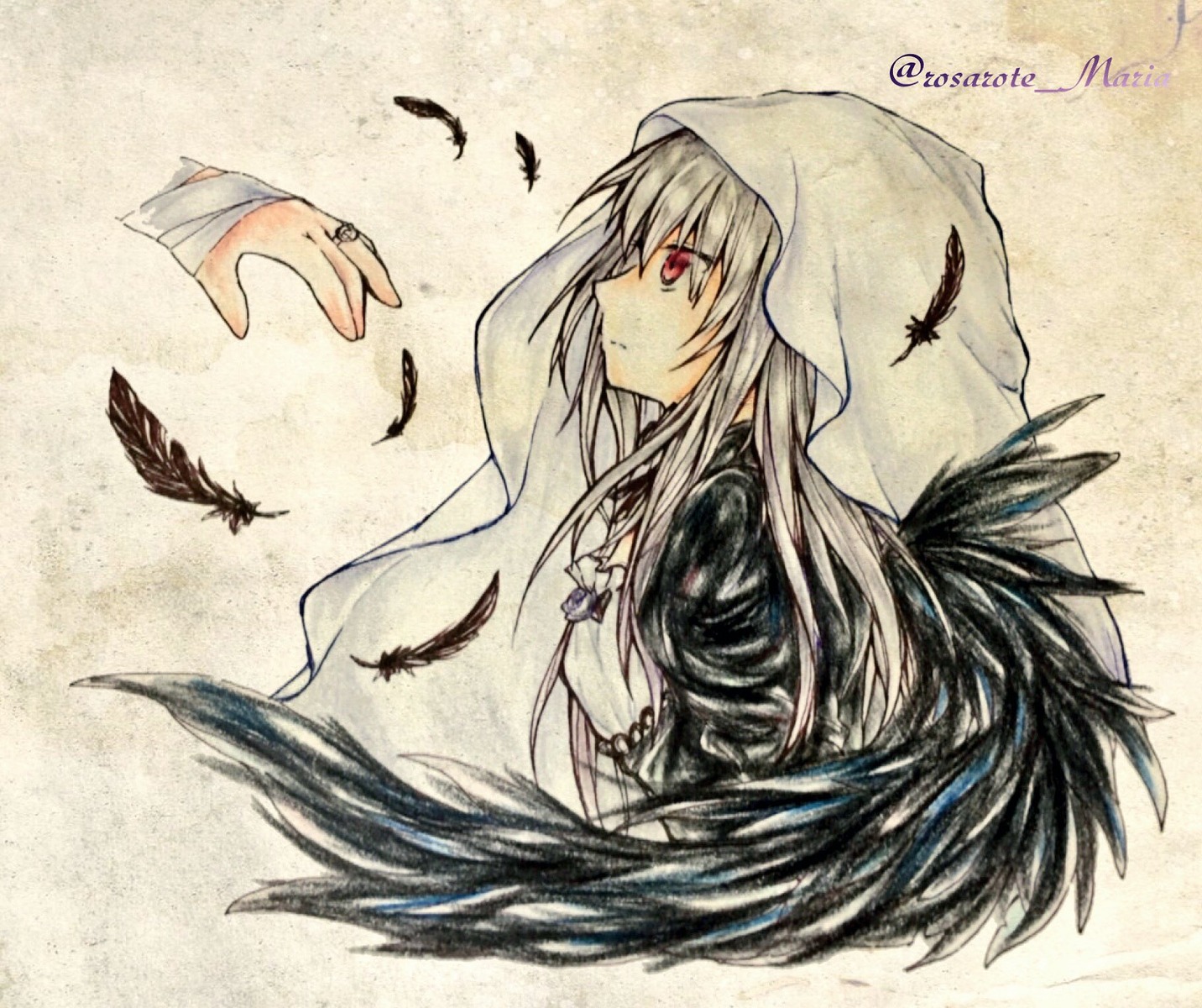 1girl bird crow dove expressionless feathered_wings feathers from_side hood image jewelry long_hair profile red_eyes seagull solo suigintou traditional_media wings