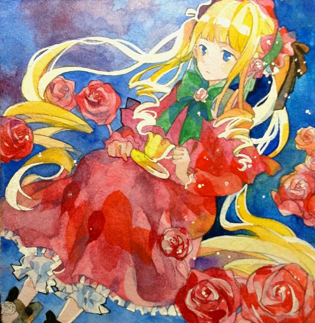 1girl blonde_hair blue_eyes blue_rose bonnet bow cup dress drill_hair flower green_bow image long_hair marker_(medium) millipen_(medium) pink_flower pink_rose purple_rose red_dress red_flower red_rose rose rose_petals shinku solo teacup thorns traditional_media twin_drills watercolor_(medium) yellow_rose