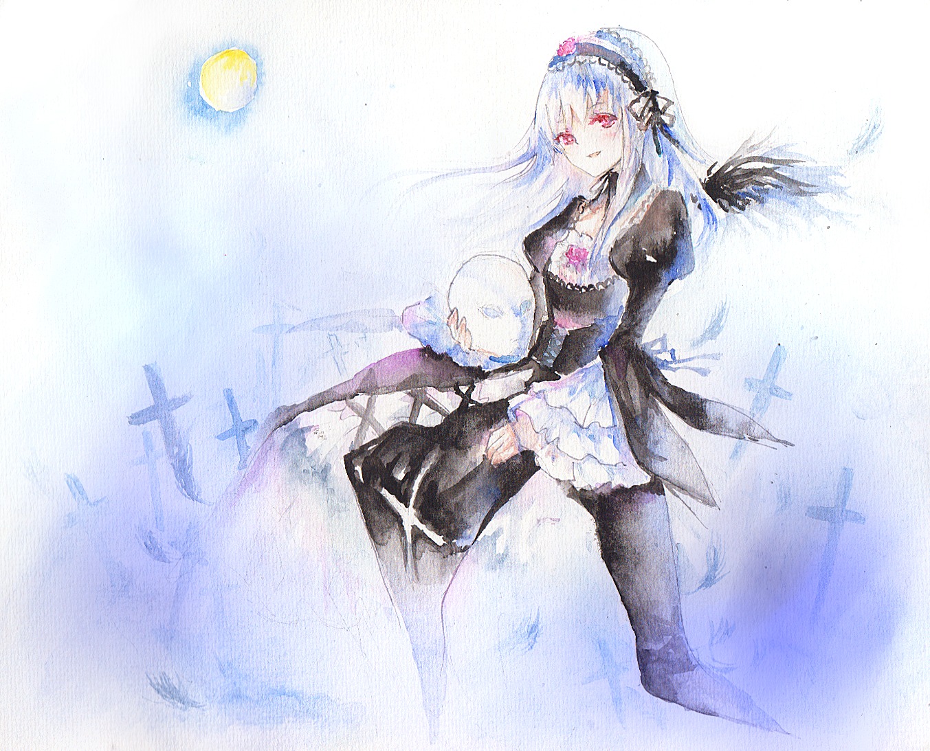 1girl black_dress black_wings blush dress eyebrows_visible_through_hair feathered_wings feathers flower frills full_moon hairband image long_hair long_sleeves looking_at_viewer moon red_eyes smile solo suigintou traditional_media wings