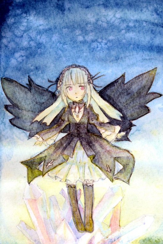 1girl auto_tagged bangs black_wings detached_collar dress flower frills hairband image long_hair long_sleeves looking_at_viewer red_eyes ribbon sky solo suigintou thighhighs white_hair wings