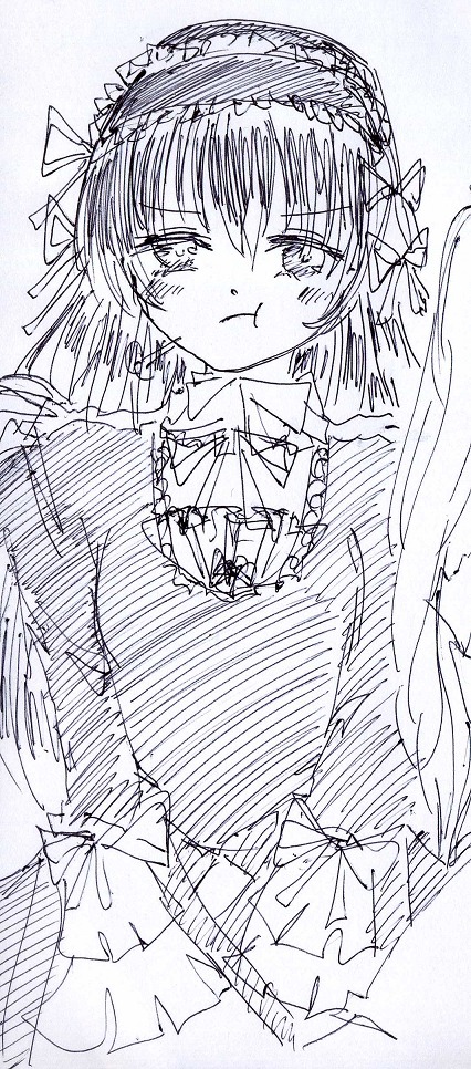 1girl :t blush bow dress greyscale hairband image lolita_fashion long_hair looking_at_viewer monochrome pout sketch solo suigintou
