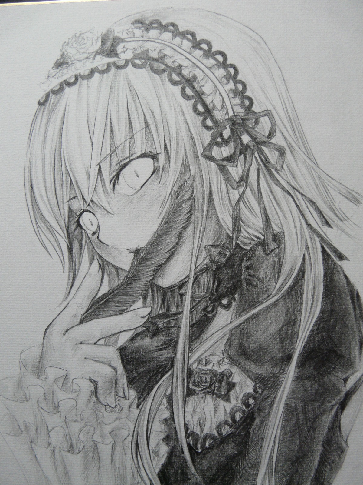 1girl dress flower frills graphite_(medium) greyscale hairband image long_hair long_sleeves monochrome ribbon rose simple_background solo suigintou traditional_media upper_body