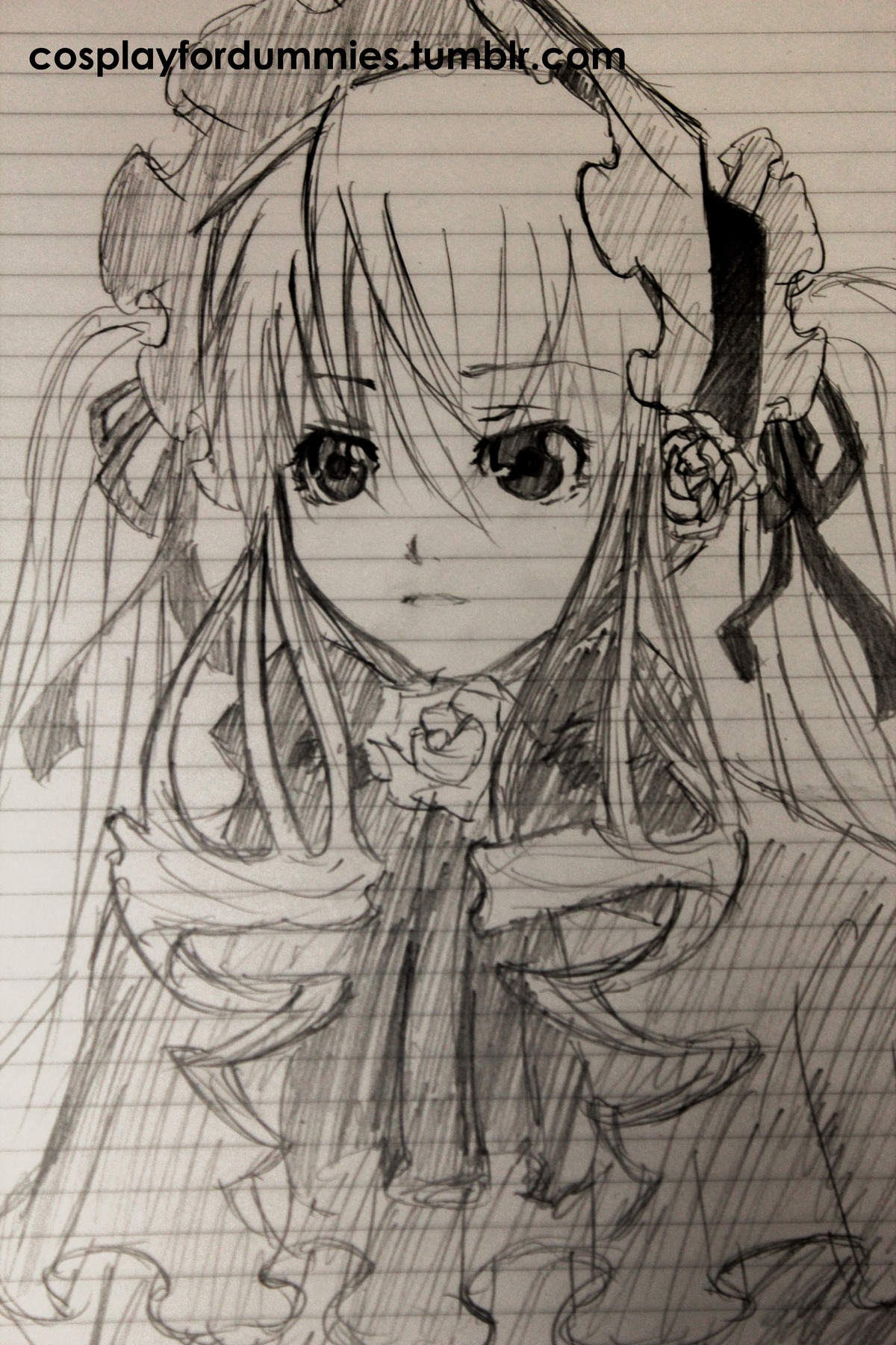 1girl blush dress flower greyscale image long_hair looking_at_viewer monochrome shinku simple_background sketch solo suigintou