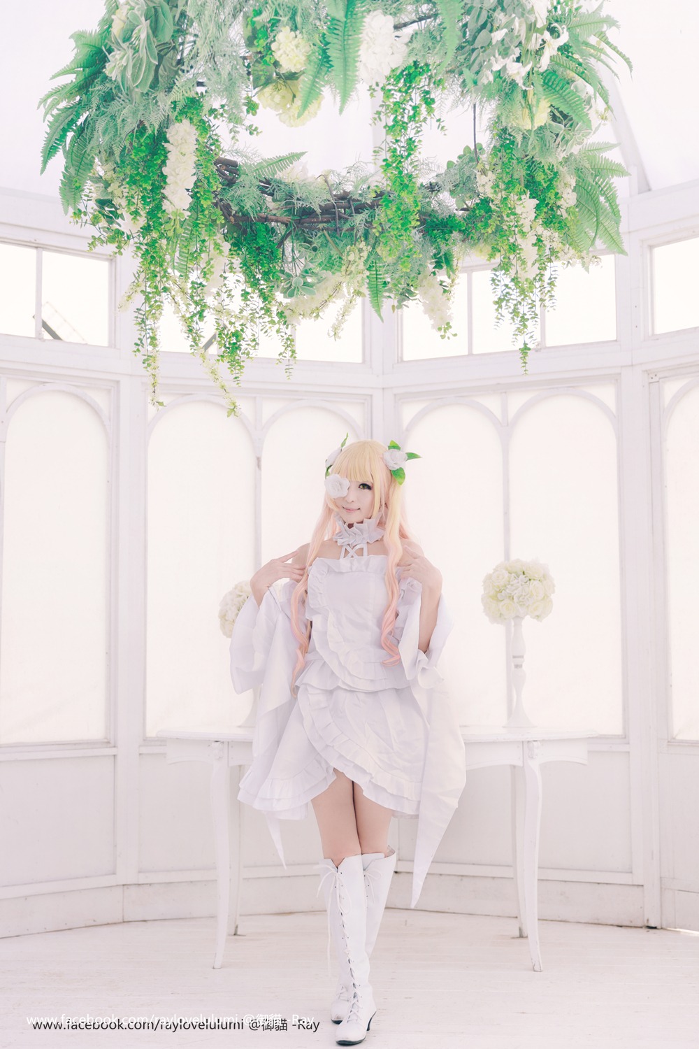 1girl bangs bare_shoulders blonde_hair closed_eyes closed_mouth dress flower indoors kirakishou long_hair solo standing white_dress white_legwear