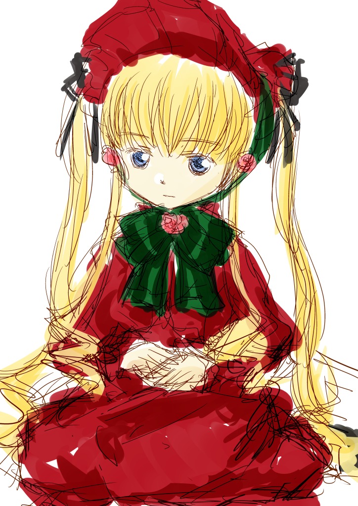 1girl blonde_hair blue_eyes bonnet bow bowtie dress flower green_bow green_neckwear image long_hair long_sleeves looking_at_viewer red_dress shinku simple_background sketch solo twintails white_background