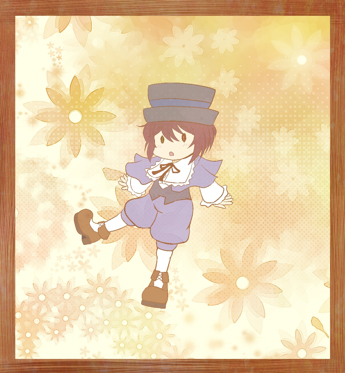 1boy border brown_hair hat image long_sleeves shoes short_hair shorts solo souseiseki white_legwear