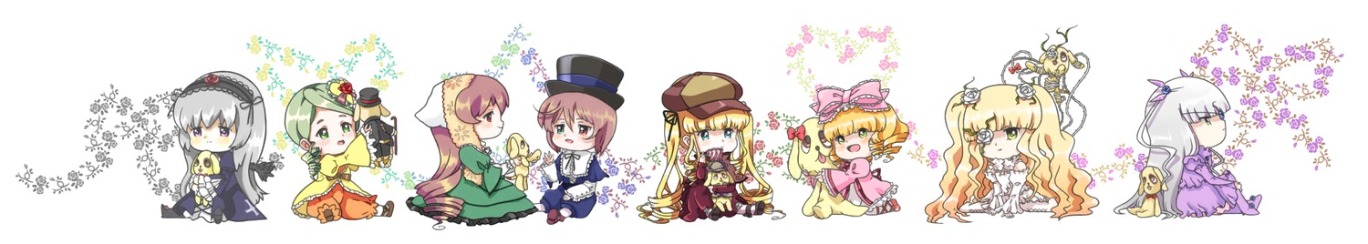 6+girls blonde_hair blue_eyes bow brown_hair cape chibi dress gloves green_dress green_eyes hat image long_hair multiple multiple_girls purple_eyes short_hair smile tagme white_hair yellow_eyes