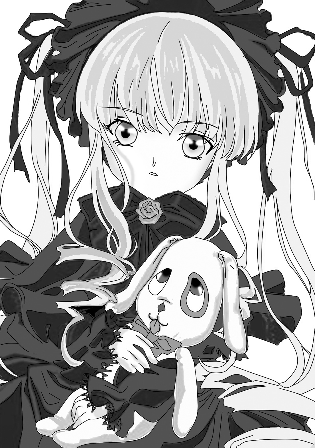 1girl blush bow dress flower greyscale image long_hair long_sleeves looking_at_viewer monochrome rose shinku simple_background solo twintails very_long_hair white_background