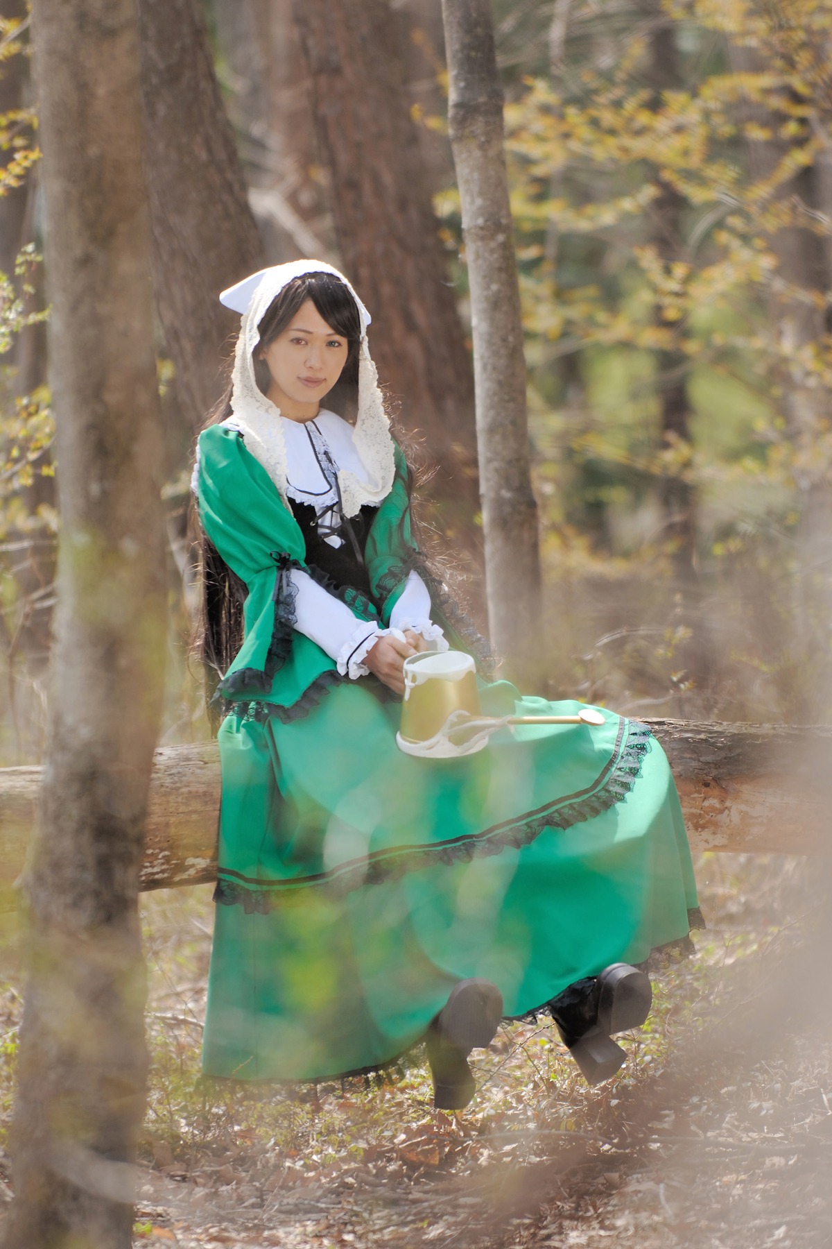 1girl apron black_hair dress green_dress long_sleeves outdoors solo standing suiseiseki water