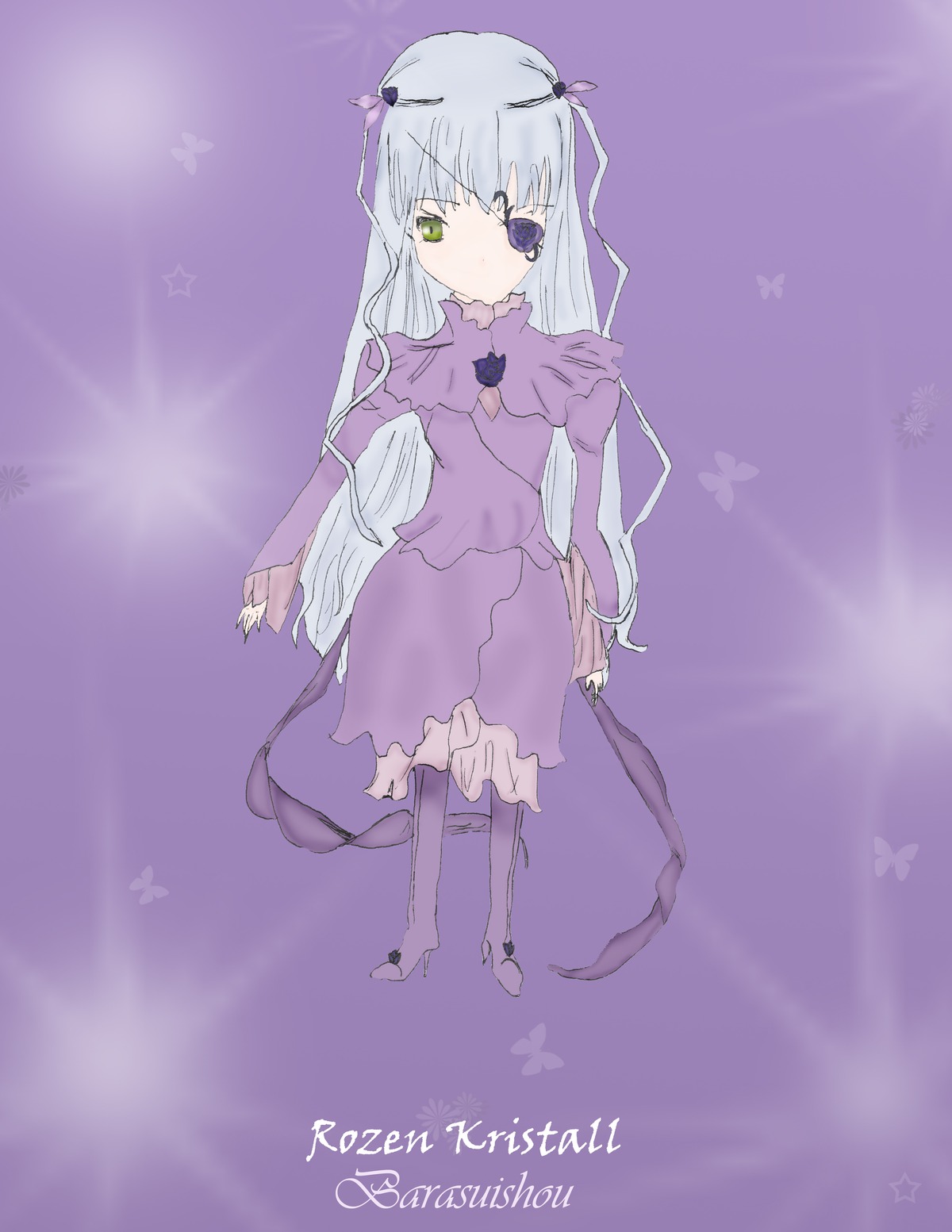 1girl barasuishou blue_butterfly bug butterfly butterfly_hair_ornament character_name dress full_body gradient green_eyes image insect long_hair long_sleeves purple_background purple_dress purple_theme solo standing very_long_hair