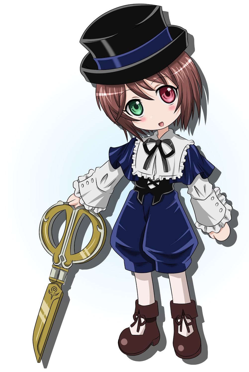 1girl boots brown_hair chibi commentary_request full_body gradient_background green_eyes hat heterochromia highres image long_sleeves looking_at_viewer pantyhose red_eyes ribbon rozen_maiden scissors short_hair smile solo souseiseki standing takumi_(rozen_garten) top_hat