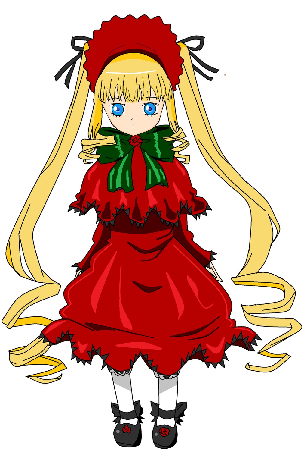1girl black_footwear blonde_hair blue_eyes bonnet bow bowtie capelet dress flower full_body green_bow image long_hair long_sleeves looking_at_viewer red_capelet rose shinku shoes simple_background solo standing twintails very_long_hair white_background