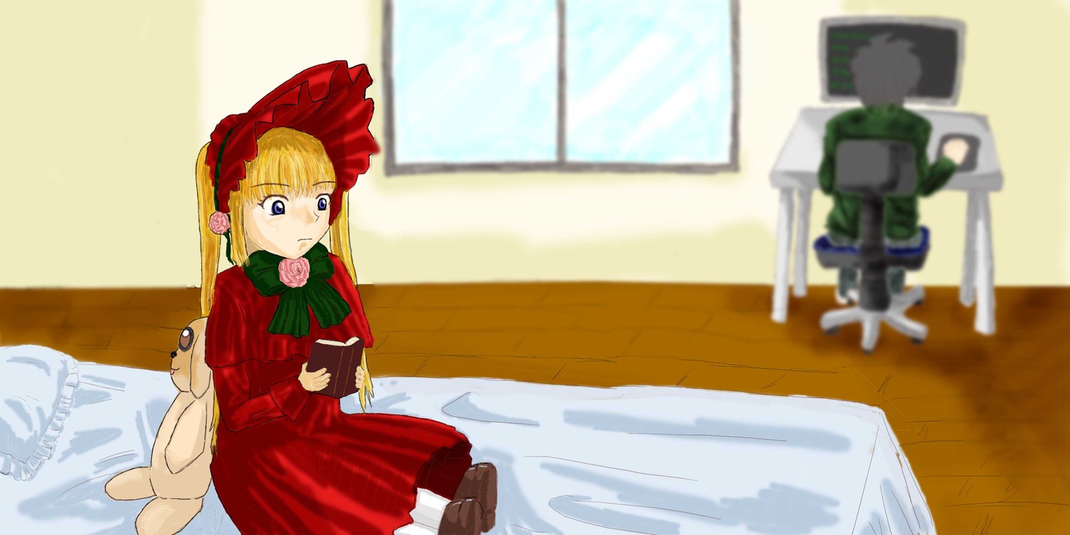 1boy 1girl blonde_hair blue_eyes blurry bonnet bow cup curtains depth_of_field dress figure flower hat image indoors long_hair long_sleeves red_dress rose shinku sitting solo stuffed_animal teacup twintails