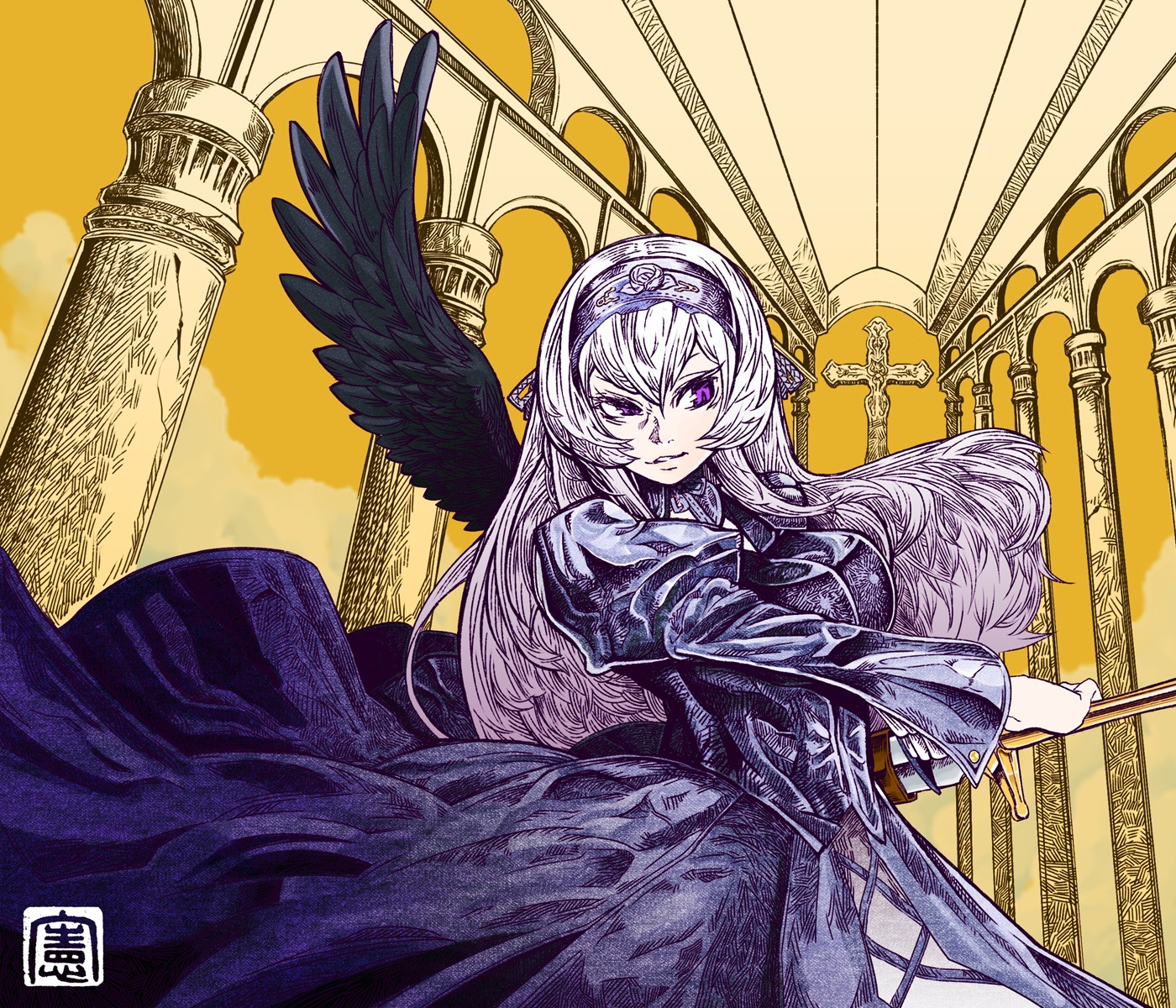 1girl bad_id bad_pixiv_id black_wings dress feathered_wings gothic_lolita hairband highres image juliet_sleeves kikukawa_norihiko lolita_fashion long_hair long_sleeves looking_at_viewer photoshop_(medium) puffy_sleeves purple_eyes rozen_maiden silver_hair solo suigintou traditional_media wings