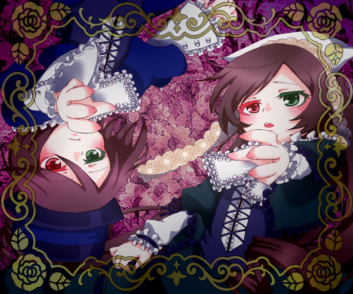 2girls brown_hair flower frills green_eyes hat heterochromia image looking_at_viewer multiple_girls pair red_eyes rose short_hair siblings sisters souseiseki suiseiseki twins