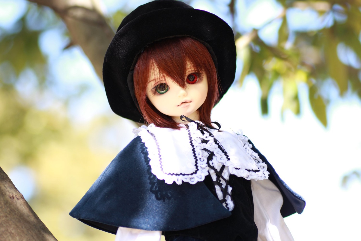 1girl blurry blurry_background blurry_foreground brown_hair capelet depth_of_field doll dress flower green_eyes heterochromia lace looking_at_viewer red_eyes short_hair solo souseiseki upper_body