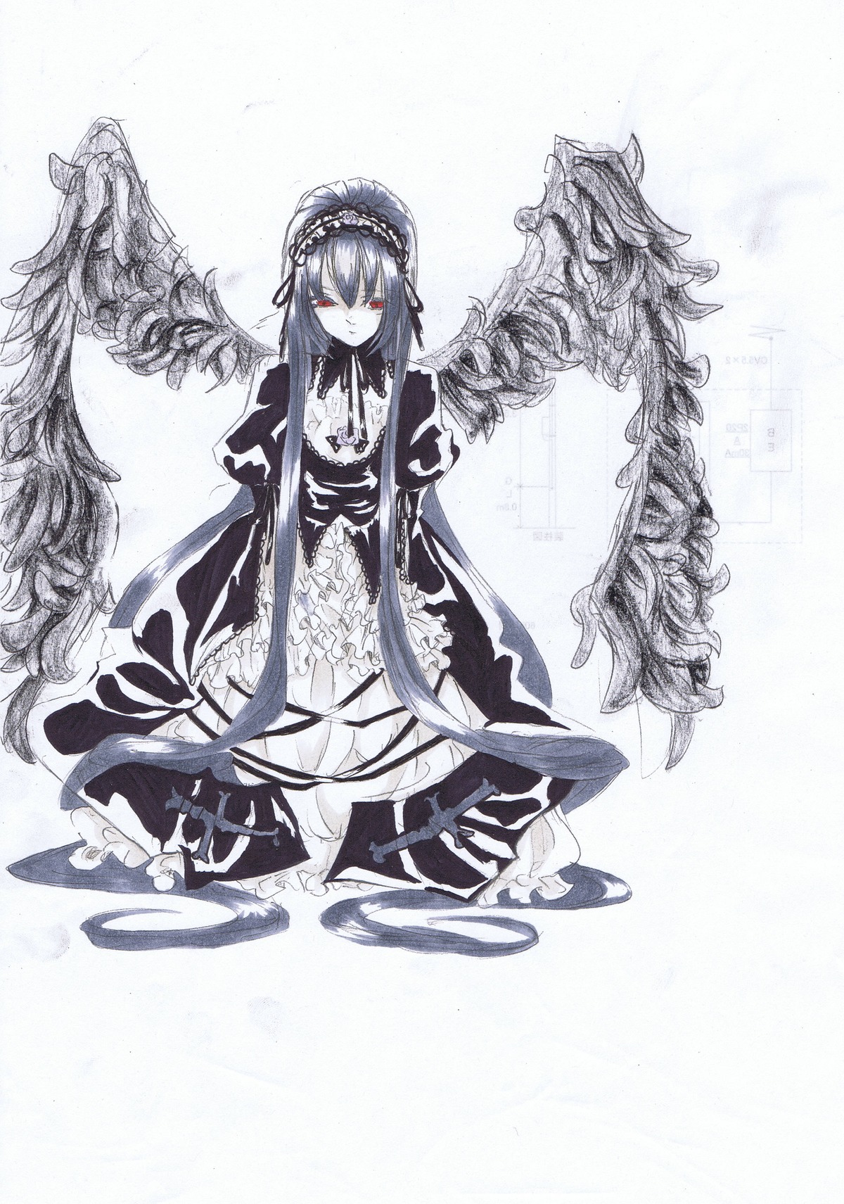 1girl closed_mouth dress frills hairband image long_hair long_sleeves looking_at_viewer red_eyes sitting solo suigintou very_long_hair wings