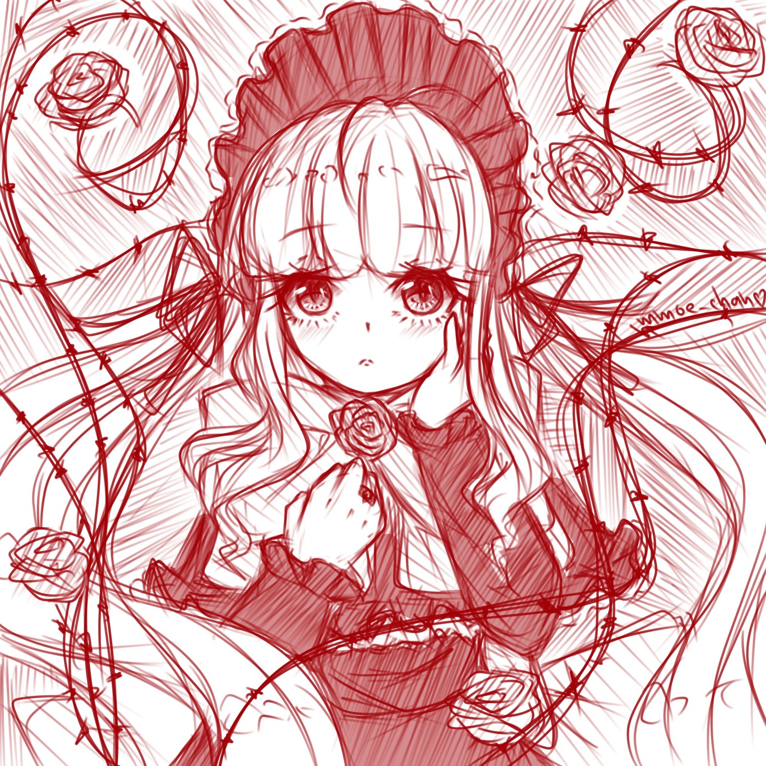 1girl :o bad_id bad_pixiv_id blush bonnet bow closed_mouth curly_hair doll dress flower frills hair_ribbon highres image lolita_fashion long_hair long_sleeves looking_at_viewer mmoe_chan monochrome parted_lips pink_rose purple_rose red_dress red_eyes red_flower red_rose red_theme ribbon rose rozen_maiden shinku sketch solo squiggle suigintou thorns twintails upper_body