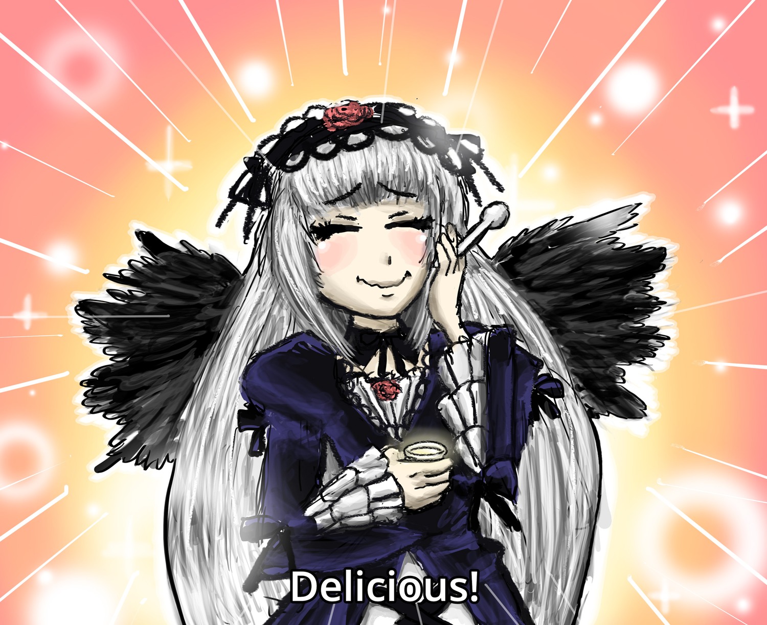 1girl black_wings blush closed_eyes dress eating emphasis_lines feathered_wings feathers flower food hairband image long_hair long_sleeves rose silver_hair smile solo sparkle suigintou upper_body wings