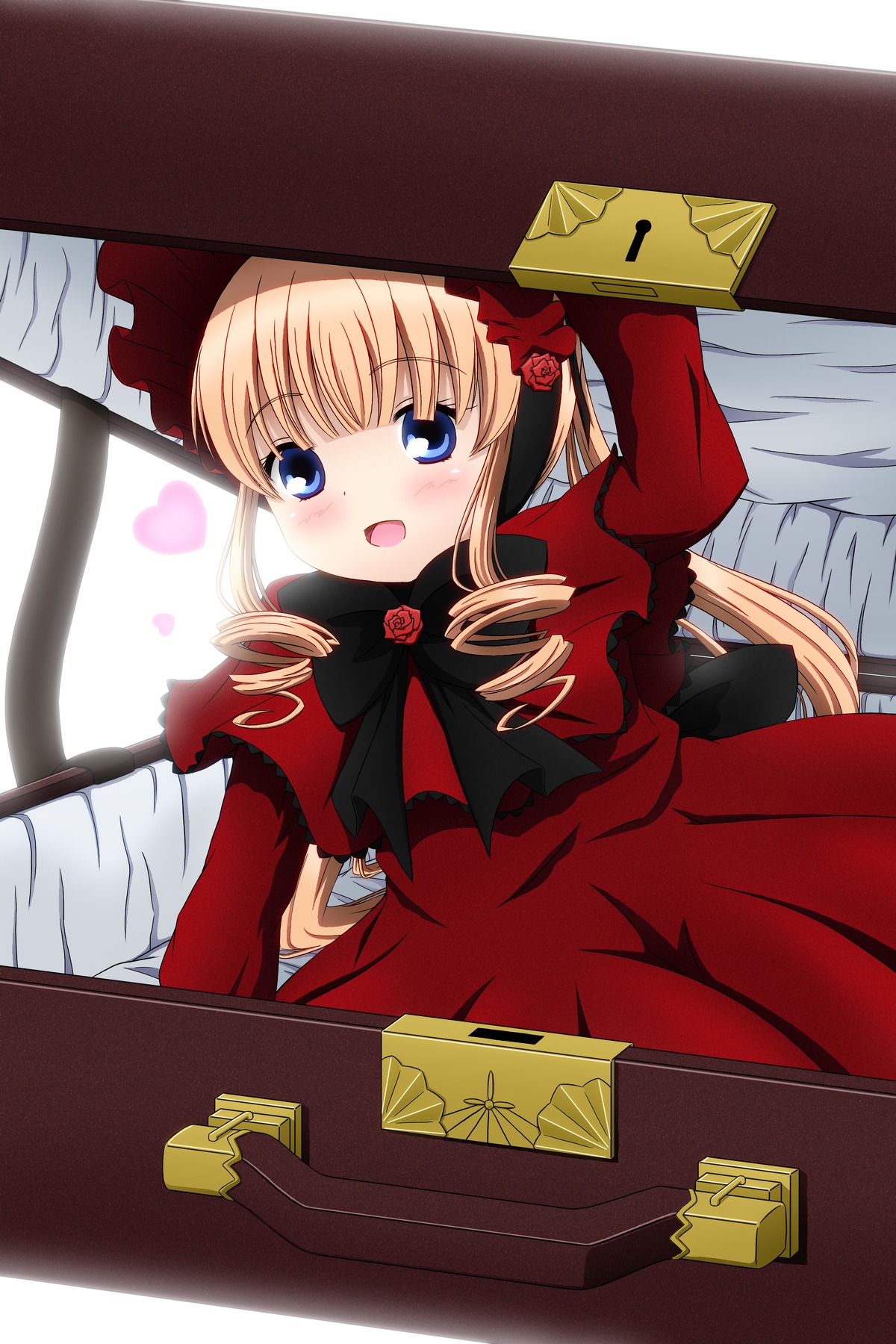 1girl blonde_hair blue_eyes blush bow box card dress drill_hair flower image long_hair long_sleeves open_mouth red_dress rose shinku solo twintails