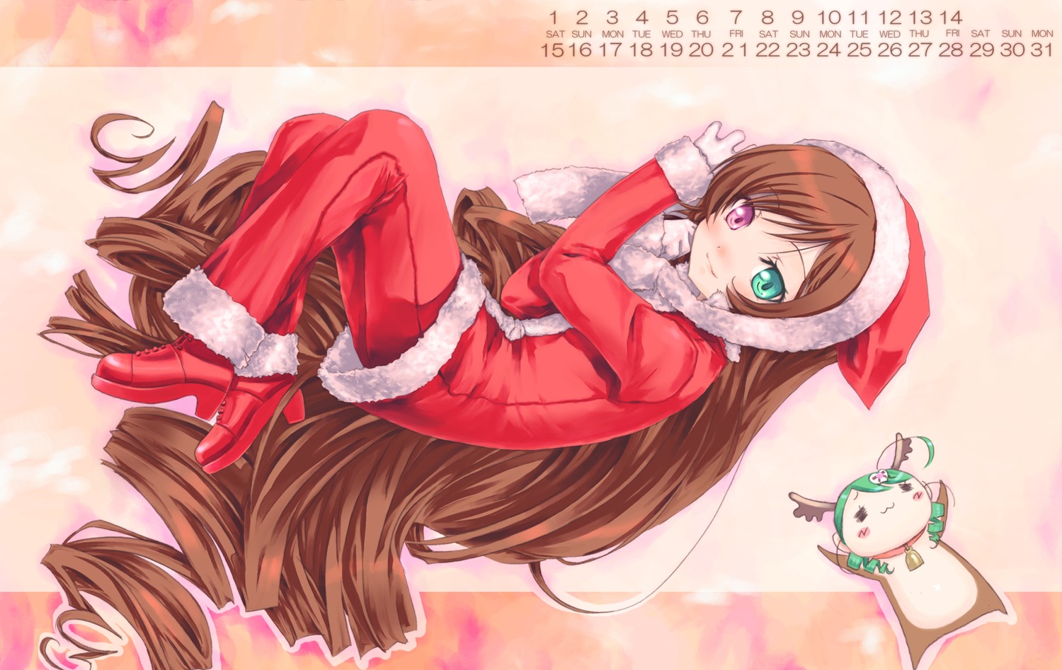 1girl boots brown_hair drill_hair english_text green_eyes hat heterochromia high_heels image long_hair red_eyes santa_costume smile solo suiseiseki twin_drills very_long_hair