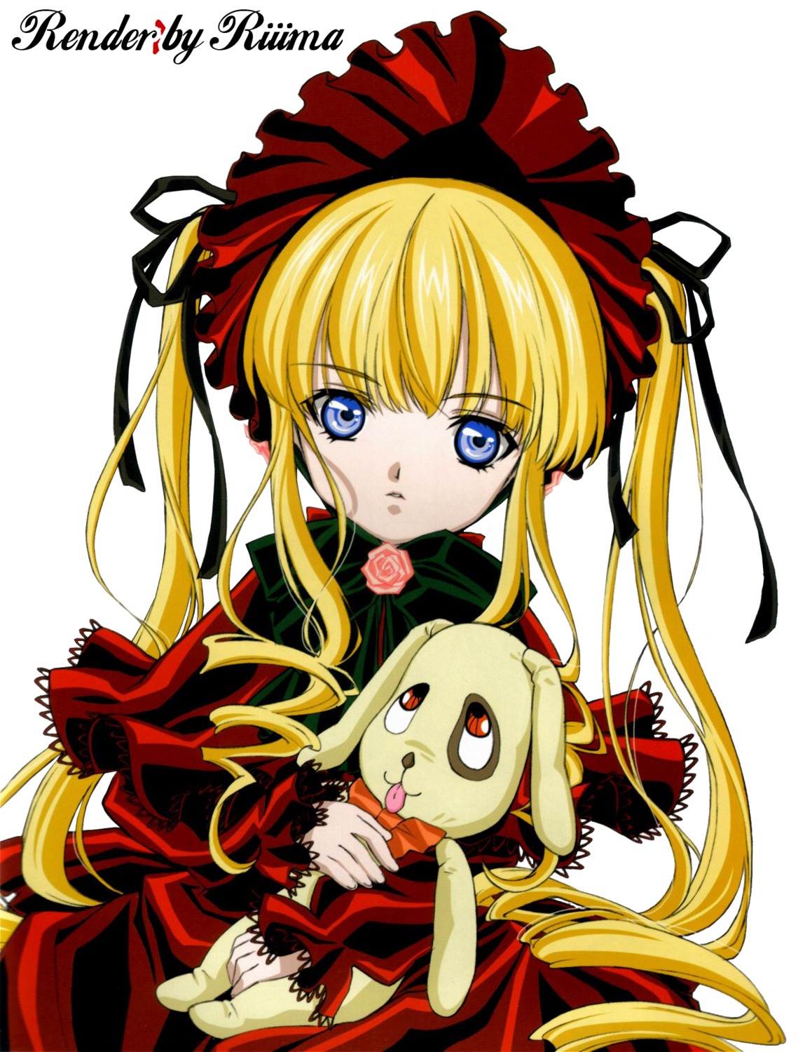 1girl 86800 blonde_hair blue_eyes bonnet bow dress drill_hair flower green_bow image long_hair long_sleeves looking_at_viewer red_dress rose shinku sidelocks simple_background solo twintails very_long_hair white_background