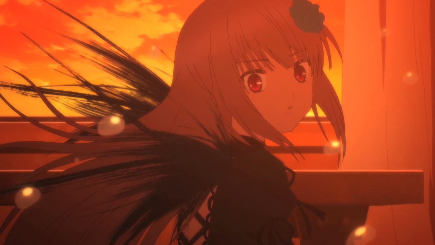 1girl bangs closed_mouth cloud evening eyebrows_visible_through_hair flower hair_flower hair_ornament image long_hair looking_at_viewer red_eyes sky solo suigintou sunset upper_body