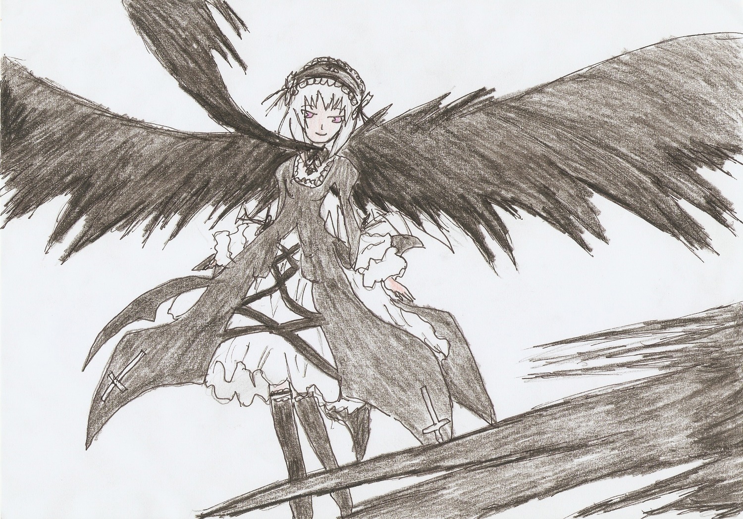1girl bangs dress frills greyscale hairband image long_sleeves looking_at_viewer monochrome smile solo standing suigintou traditional_media wings